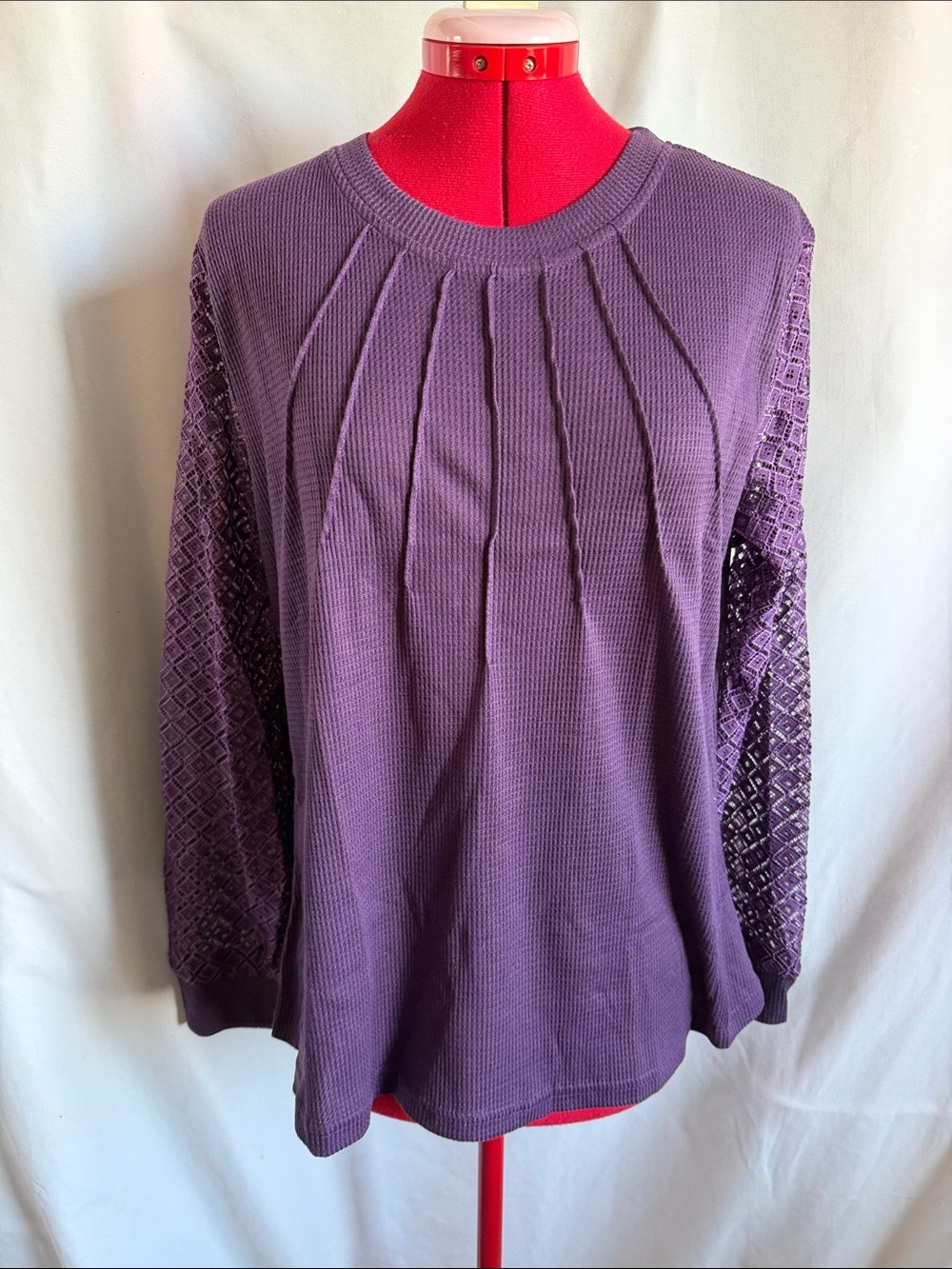 Women's Lace-Sleeve Knit Pullover in Purple